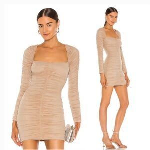 Ruched Long-Sleeve Mini Dress in Beige